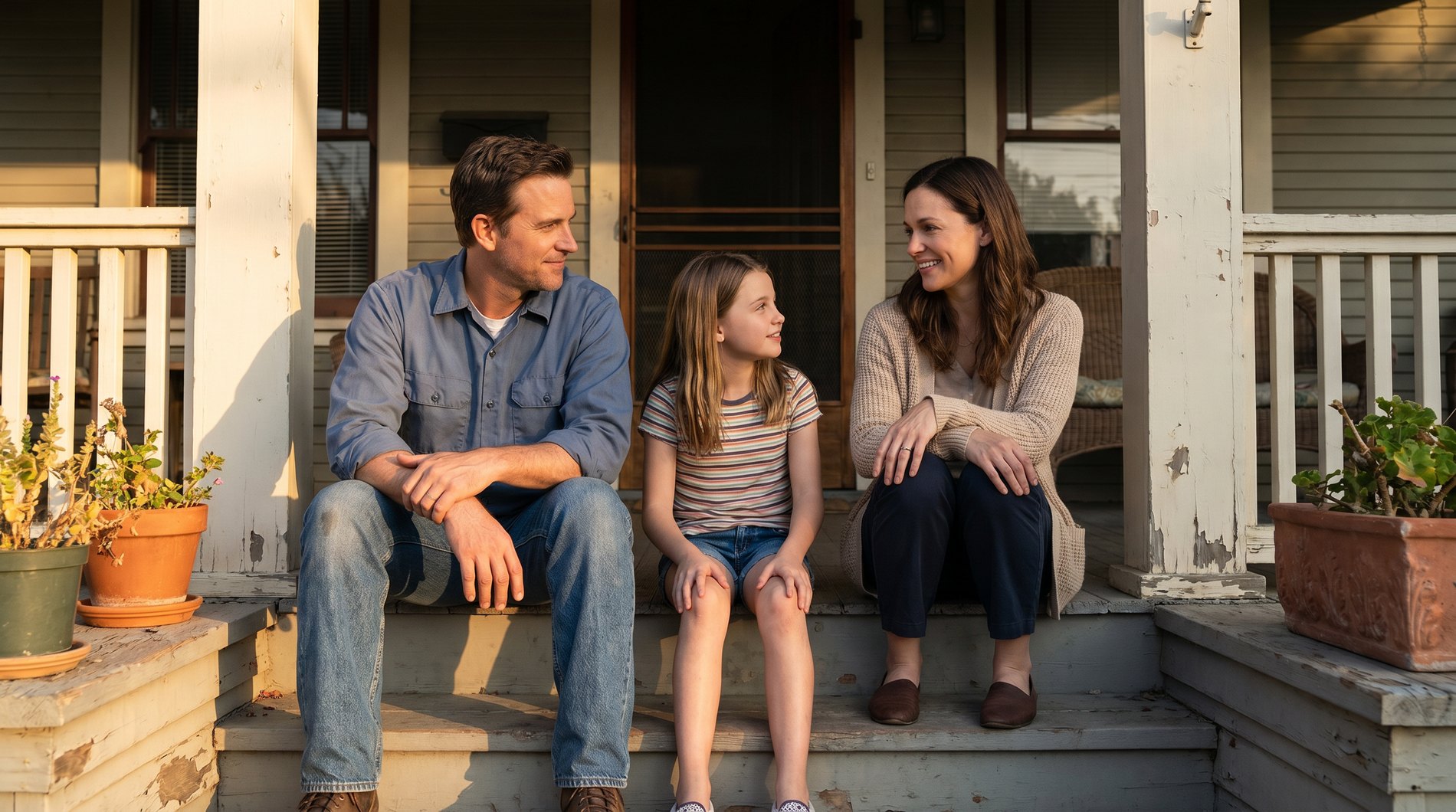 A family on the front steps of their home